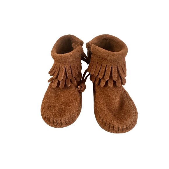 Minnetonka Brown Fringe Suede Baby Booties Size 3 Moccasins Western Style - Picture 4 of 11